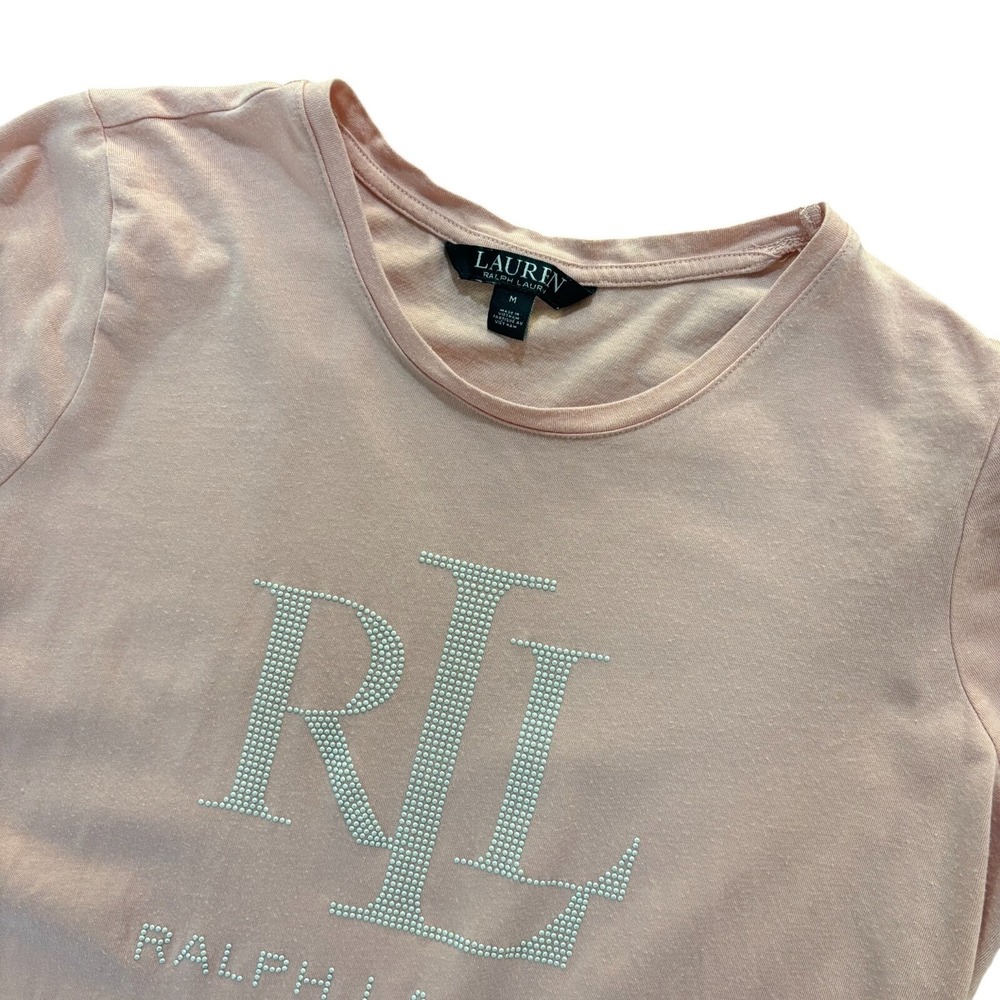 LAUREN RALPH LAUREN‎ Womens Medium Pink Rhinestone Logo Short Sleeve Tee Top